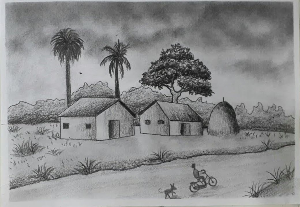Bức tranh vẽ cảnh làng quê bằng bút chì