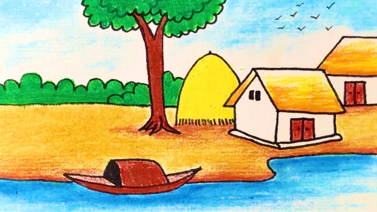 Tranh vẽ cảnh nông thôn bởi cây bút màu
