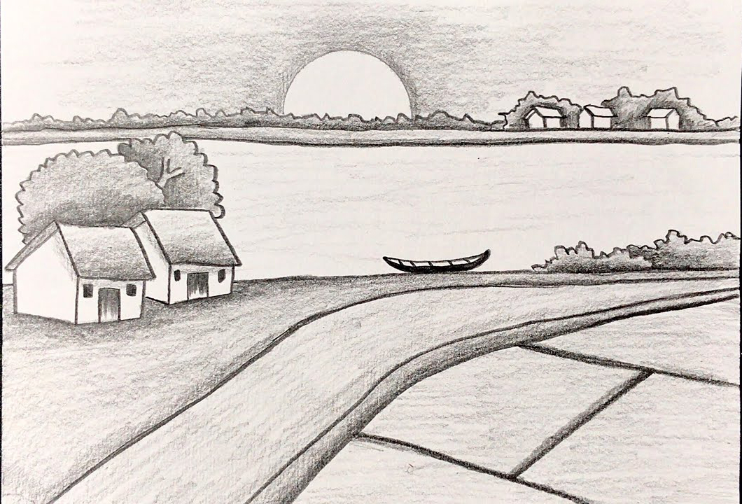 Tranh vẽ phong cảnh làng quê bằng bút chì đơn giản mà đẹp