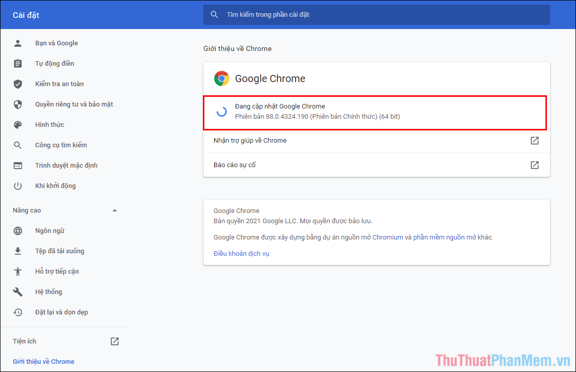 Chọn Giới thiệu về Chrome để cập nhật liên phiên bản mới nhất của trình duyệt