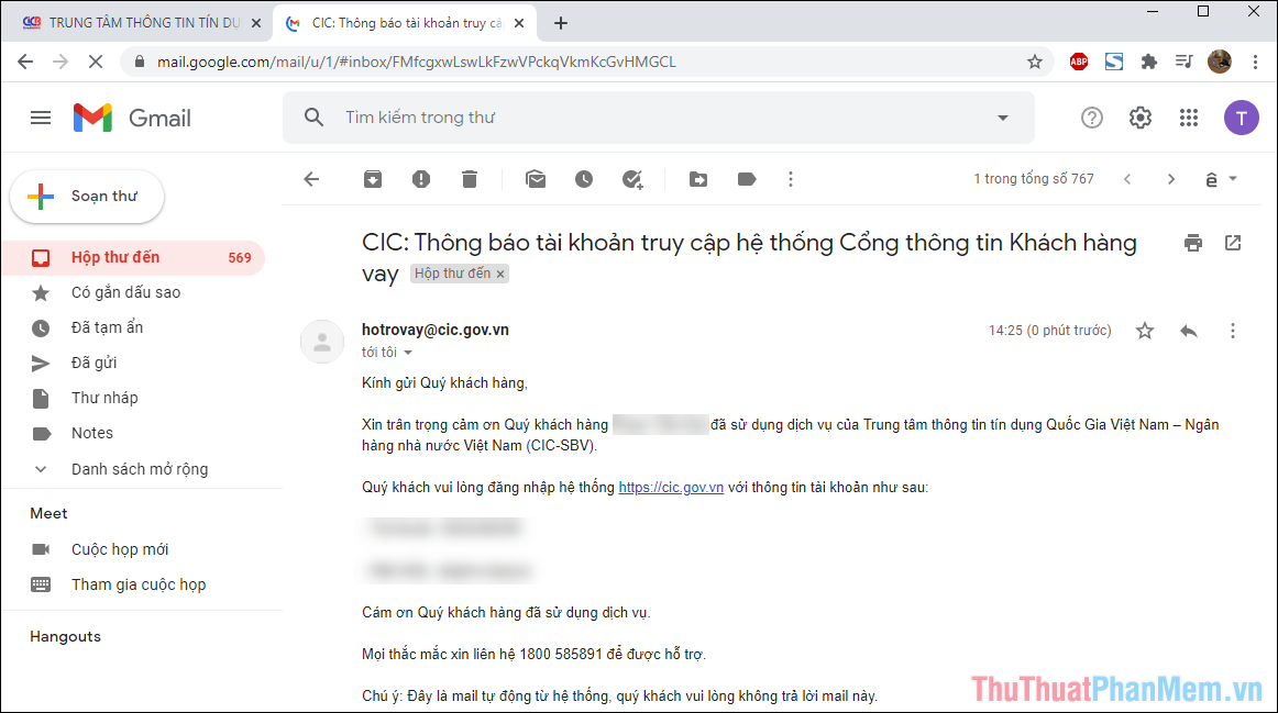 CIC sẽ gửi thư về Gmail của các bạn và bạn hãy mở để xem thông tin đăng nhập