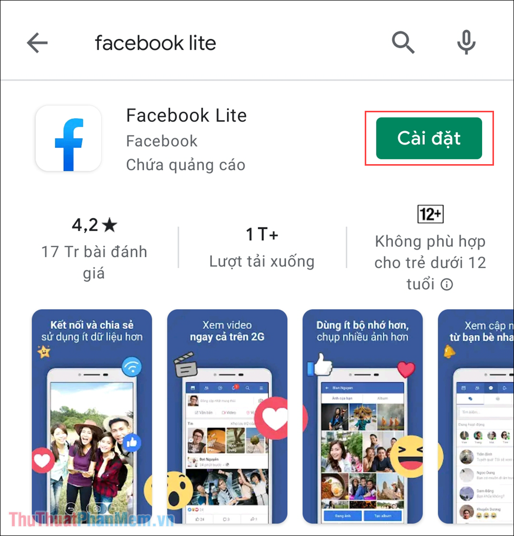 Tìm kiếm Facebook Lite và nhấn Cài đặt để tải ứng dụng về điện thoại