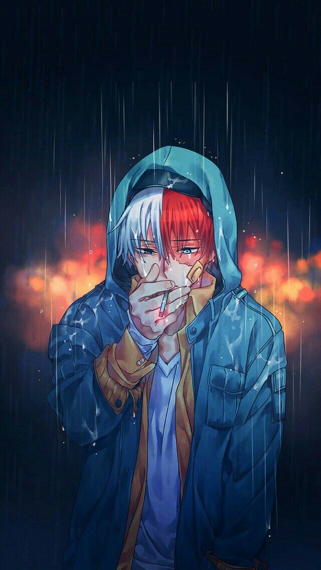 Hình ảnh một cậu bé anime cô đơn hút thuốc trong mưa