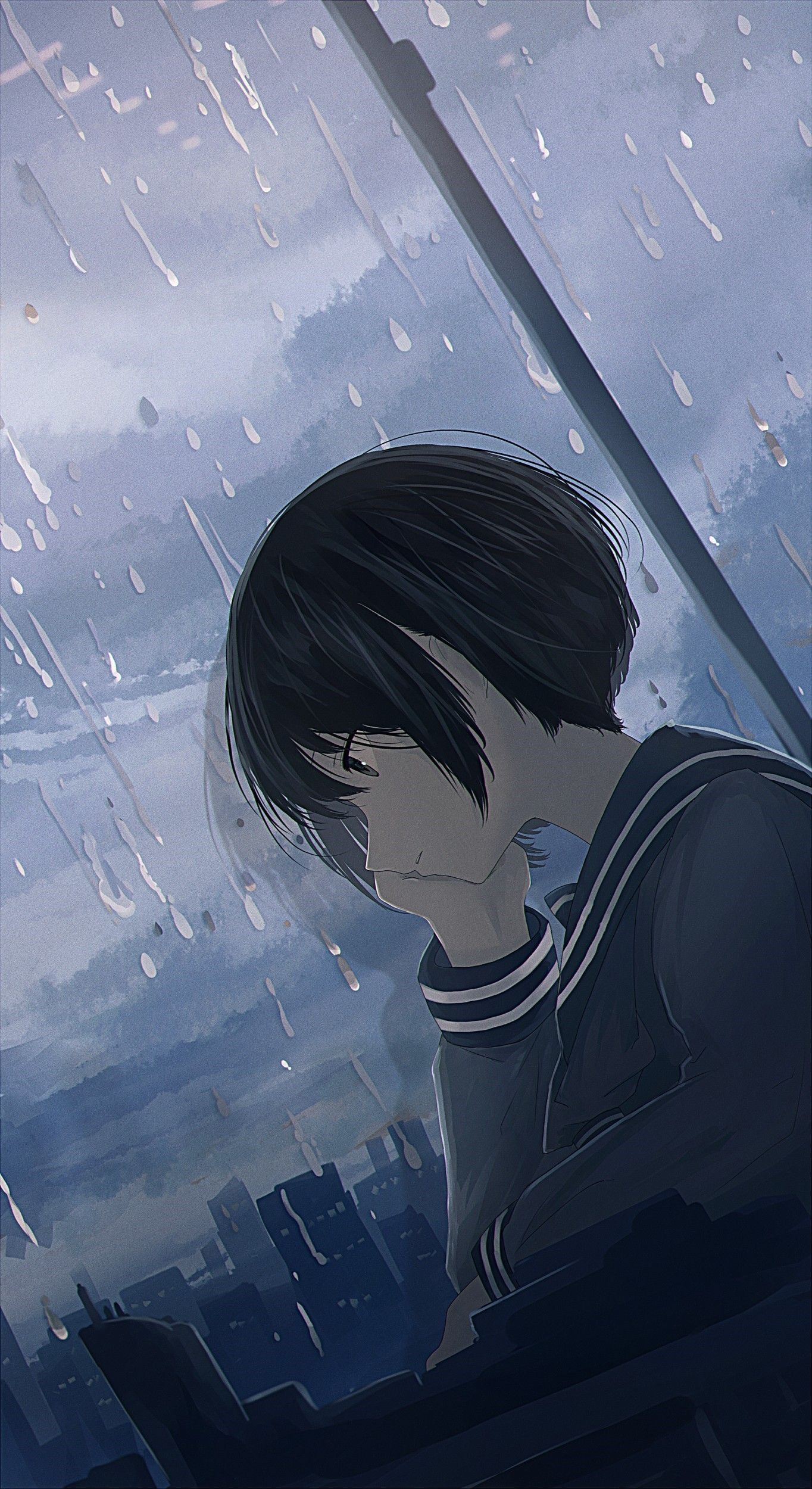 Một bức tranh anime đơn độc trong mưa