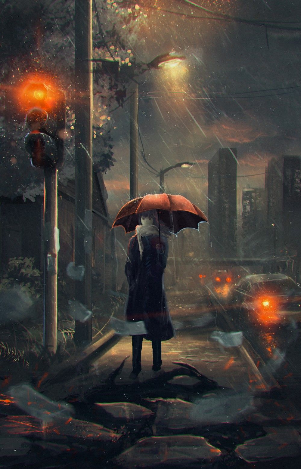 Hình anime girl che ô dưới mưa buồn, cô đơn