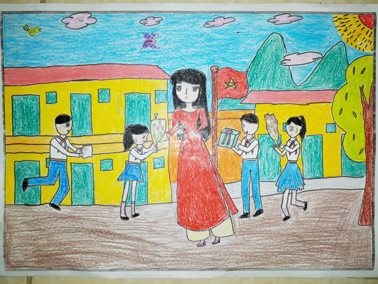 Hình tranh vẽ trường tiểu học cute