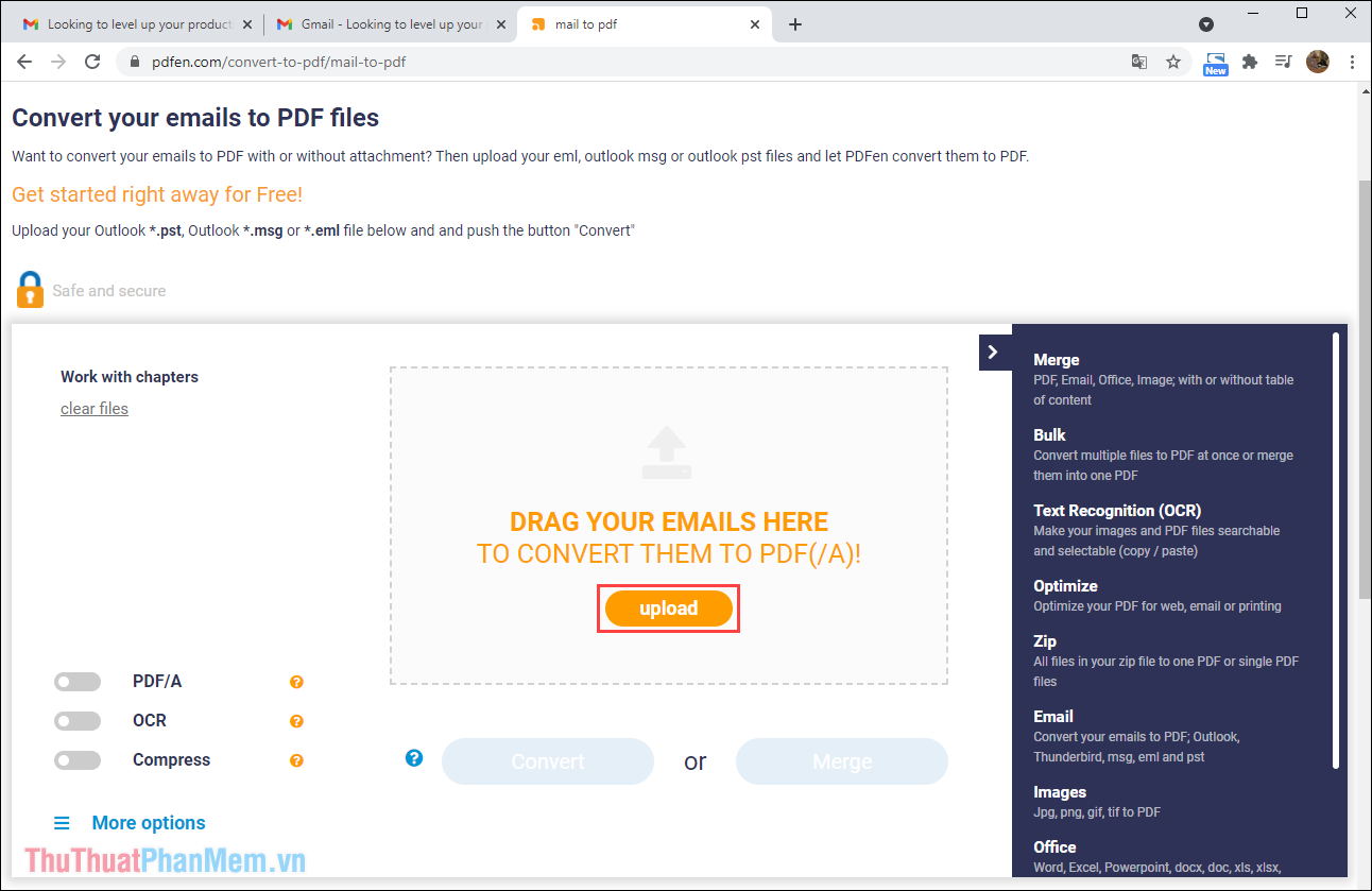 Truy cập trang PDFen.com và chọn mục Upload để tải file Email lên hệ thống chuyển đổi