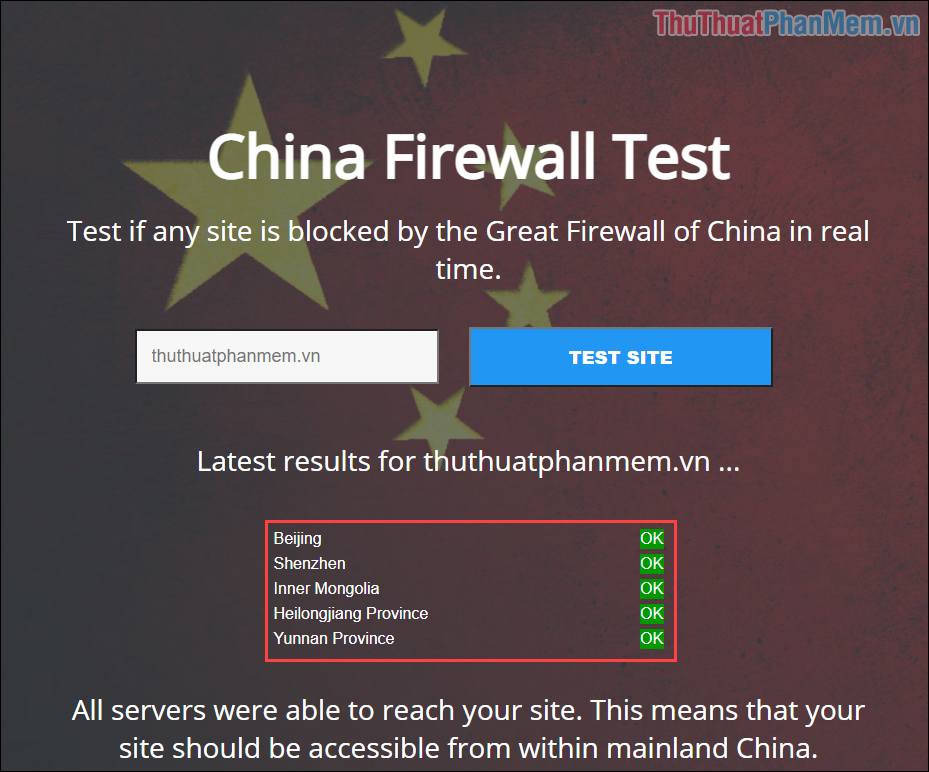 Các trang Web được phép truy cập tại Trung Quốc sẽ hiển thị OK