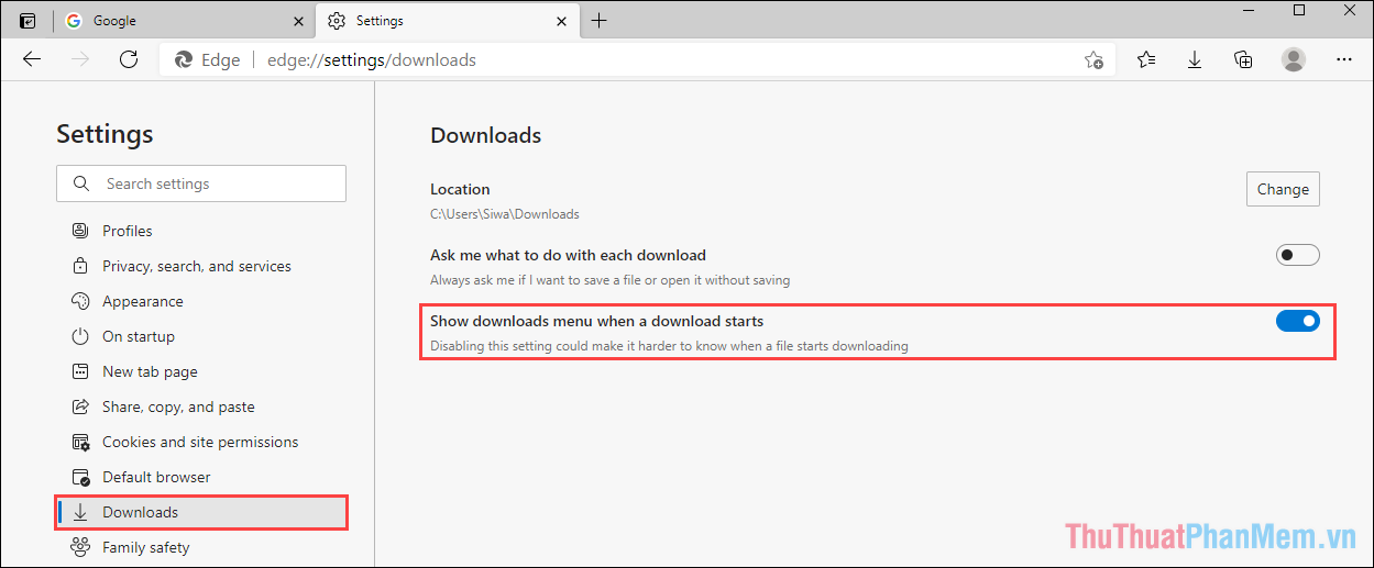 Chuyển đến thẻ Download và kích hoạt tính năng Show downloads menu when a download start