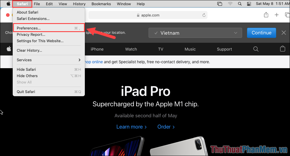 Mở Safari, chọn Safari - Preferences…