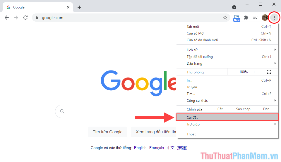 Mở trình duyệt Google Chrome trên máy tính và chọn mục Tùy chọn - Cài đặt.