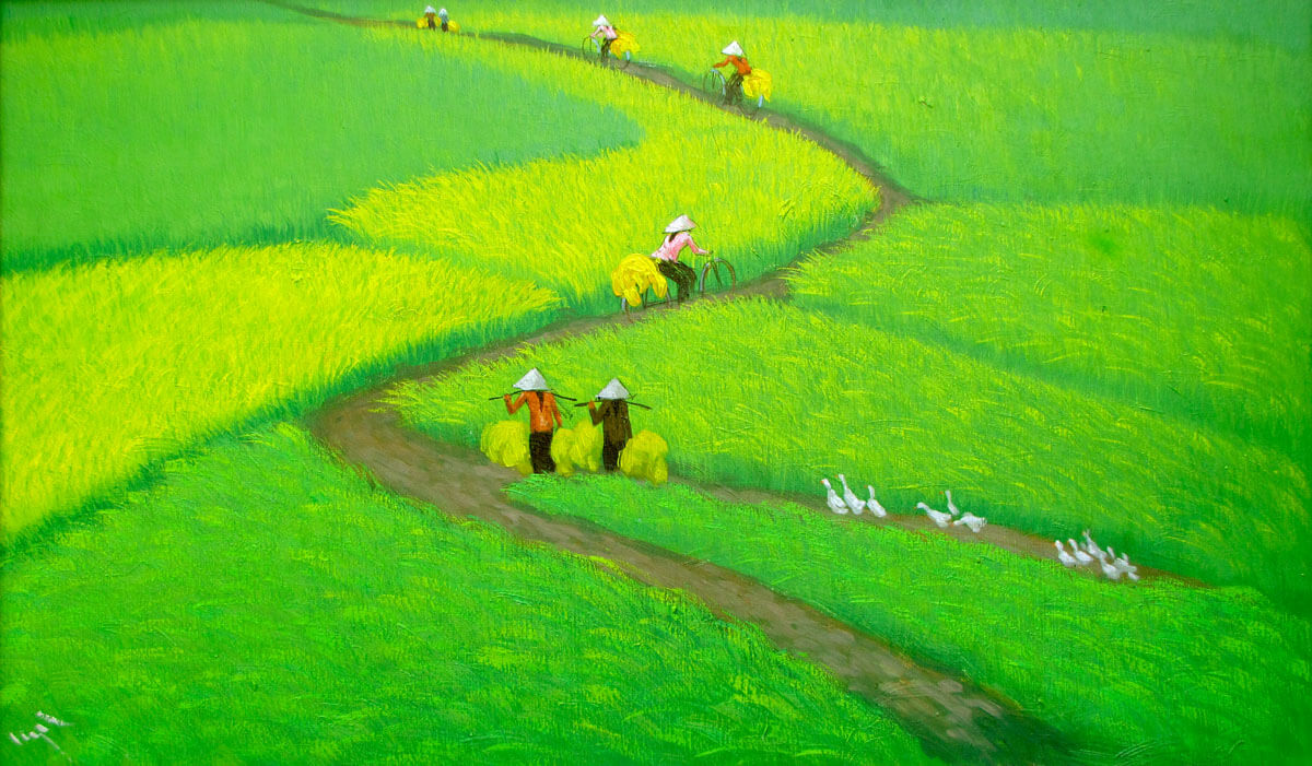 Tranh đồng quê vẽ cánh đồng lúa chín vàng  tranh phong thủy