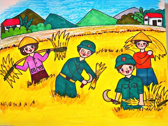 Bức tranh vẽ bộ đội gặt lúa