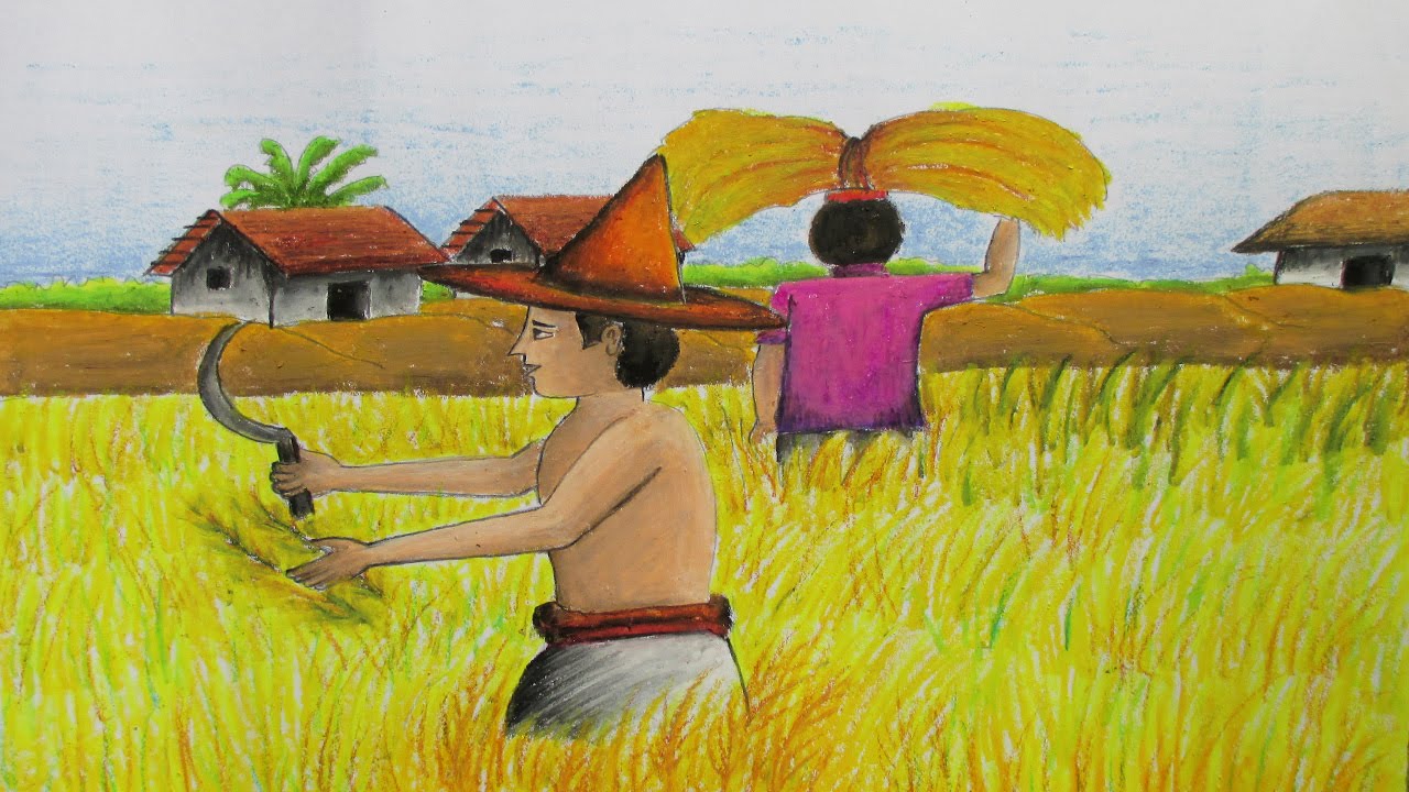 Bức giành vẽ chủ thể gặt lúa