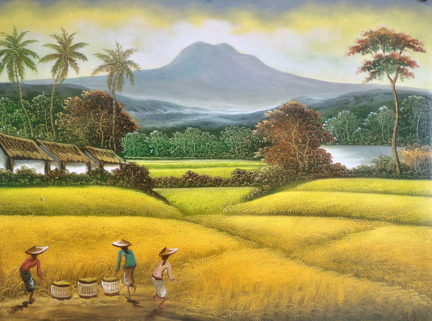 Bức tranh vẽ gặt lúa đẹp