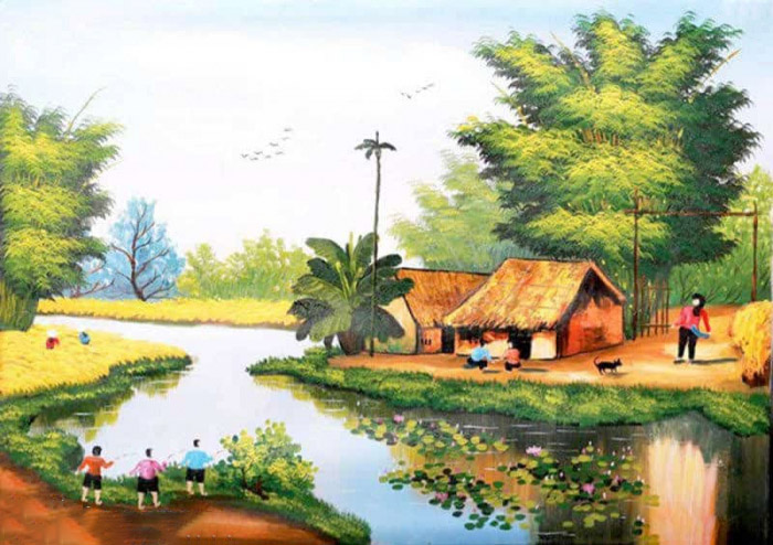 Bức tranh vẽ ngày gặt lúa