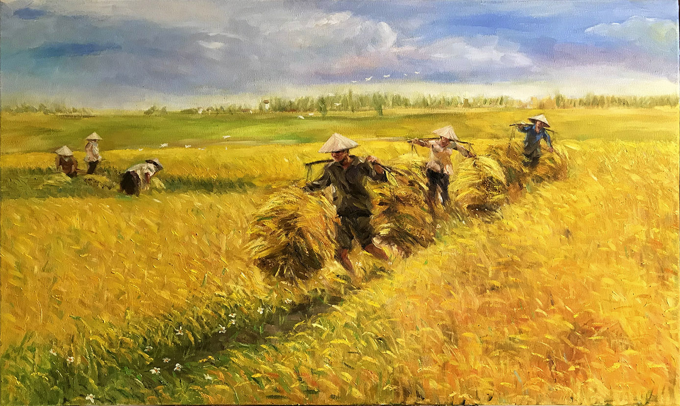 Bức giành vẽ người dân chuồn gặt lúa đẹp