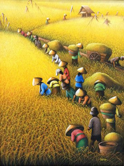 Bức giành giật vẽ người dân chuồn gặt lúa