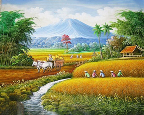 Bức giành vẽ người dân thu hoạch lúa