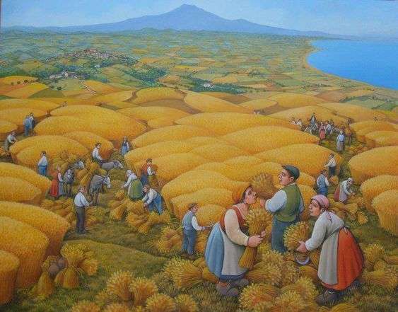 Bức tranh vẽ nông dân đi gặt lúa