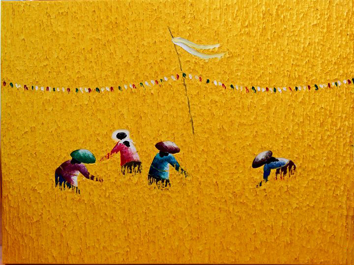 Bức tranh vẽ nông dân gặt lúa