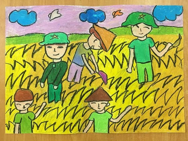 Mẫu tranh vẽ bộ đội đi gặt lúa