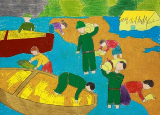 Mẫu tranh vẽ đề tài gặt lúa của học sinh
