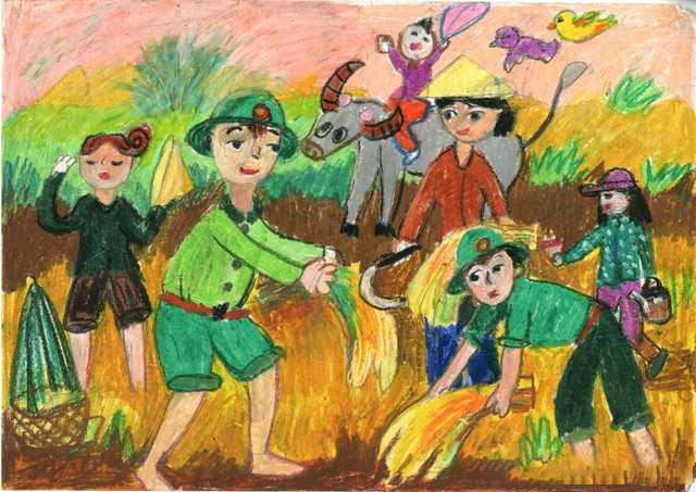 Tranh vẽ quân nhân chung dân gặt lúa