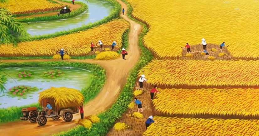 Tranh vẽ gặt lúa của họa sĩ