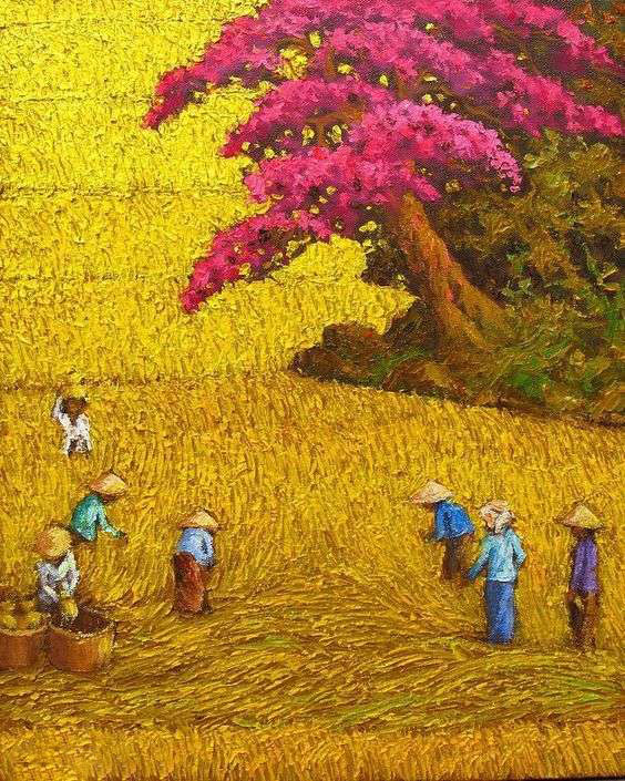Tranh vẽ sinh hoạt gặt lúa