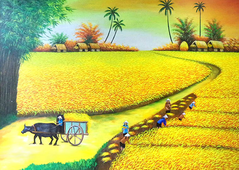 Tranh vẽ ngày thu hoạch lúa