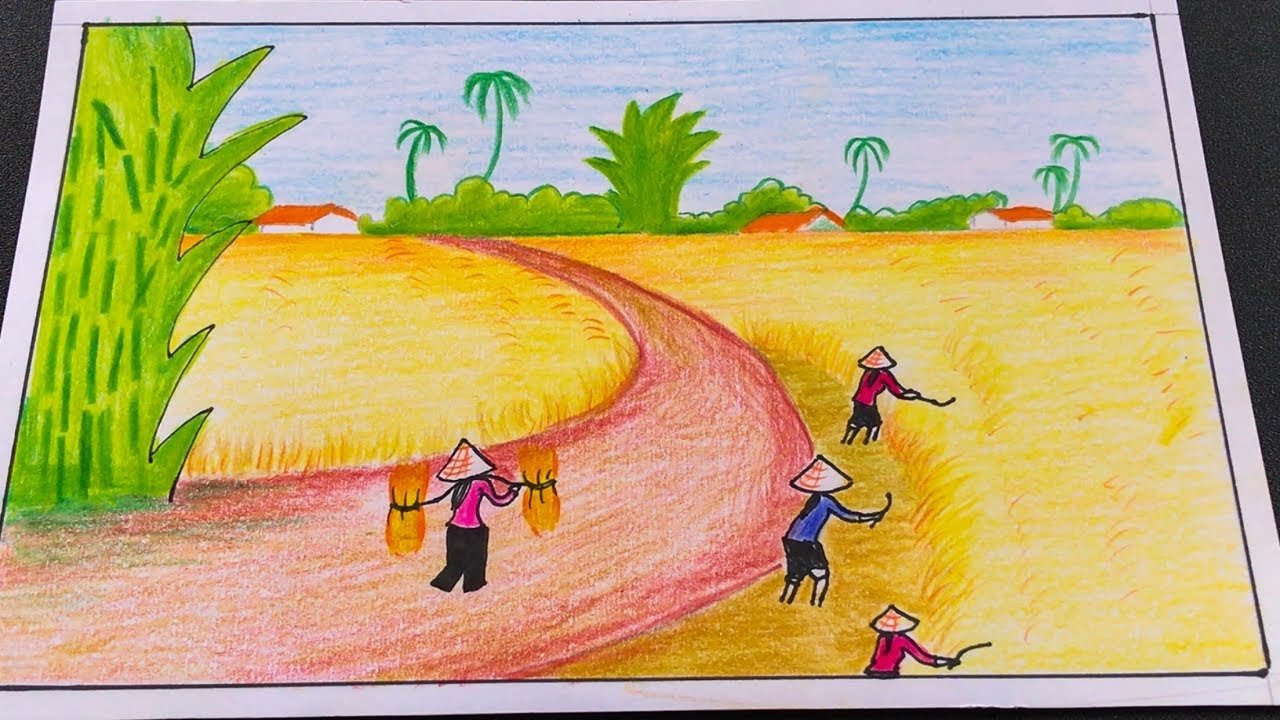 Tranh vẽ người dân chuồn gặt lúa