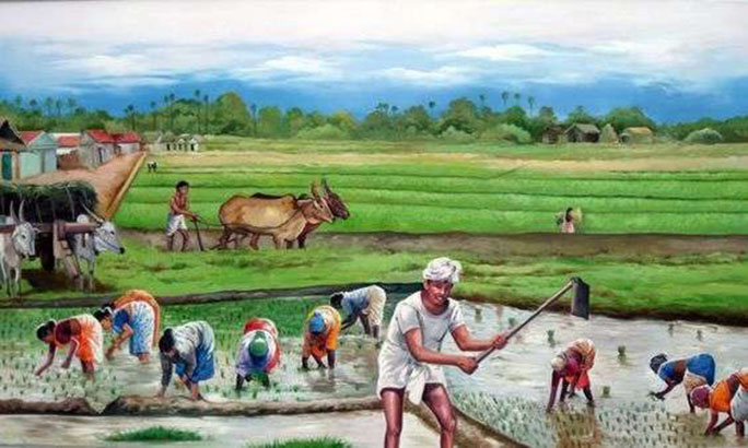 Tranh vẽ người dân gặt lúa