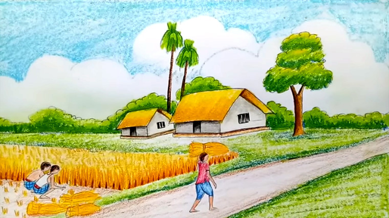 Tranh vẽ về vấn đề gặt lúa của học tập sinh