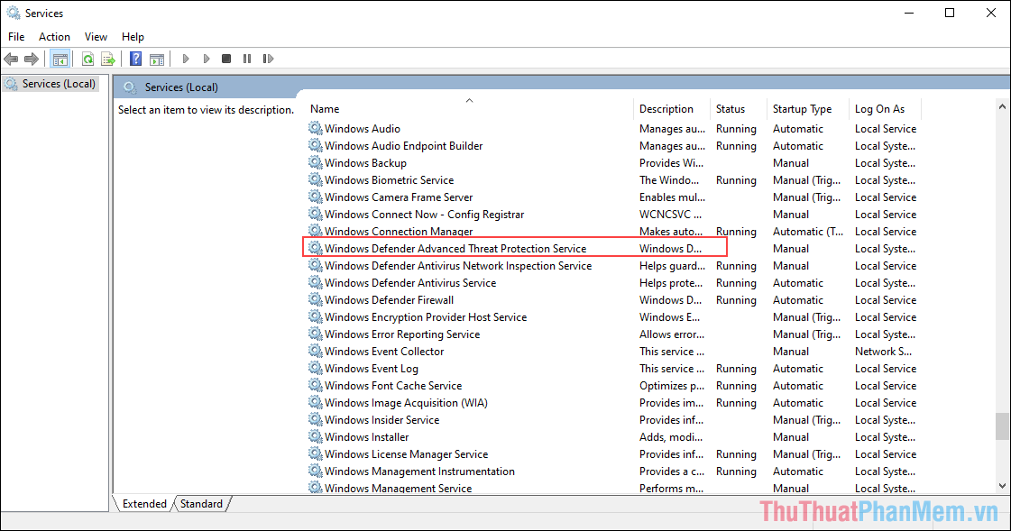 Tìm đến mục “Windows Defender Advanced Threat Protection Service”