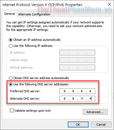Điền địa chỉ DNS server