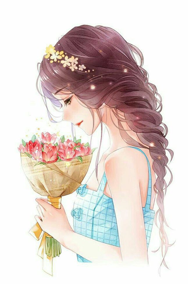 Một bức tranh anime về một cô gái cầm một bông hoa xinh đẹp