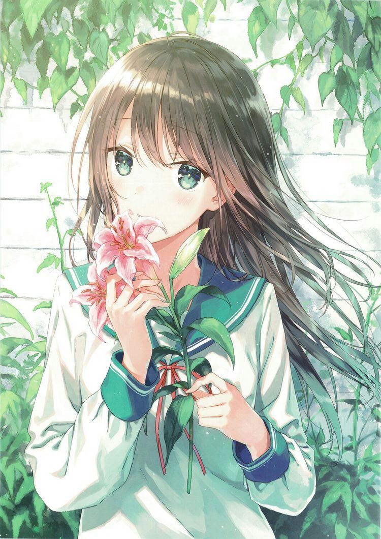 Hình ảnh một cô gái trong anime mang hoa