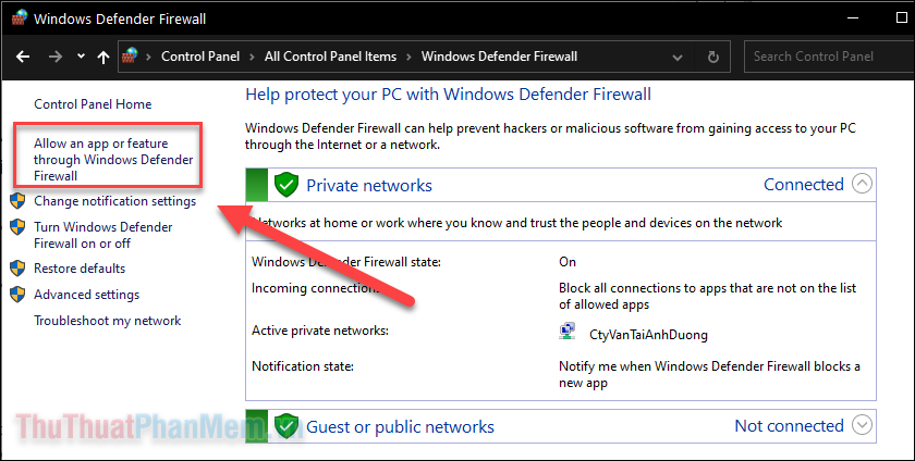 [Windows Defender ファイアウォールを介したアプリまたは機能を許可する]Nhấp chuột.