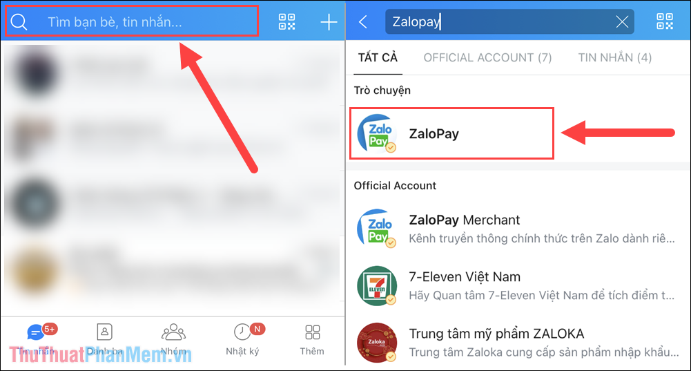 Nhấn vào mục Tìm kiếm và nhập nội dung ZaloPay
