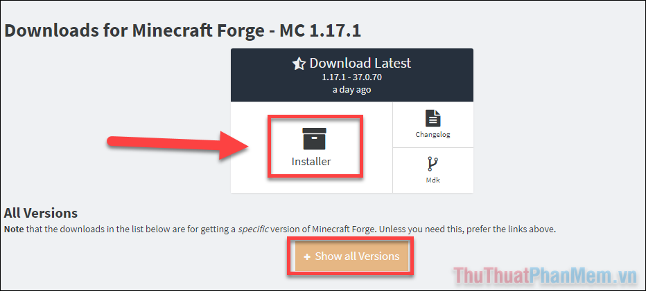 Nhấn Show all Versions để tải phiên bản Forge phù hợp với bản Minecraft và mod bạn đang chơi