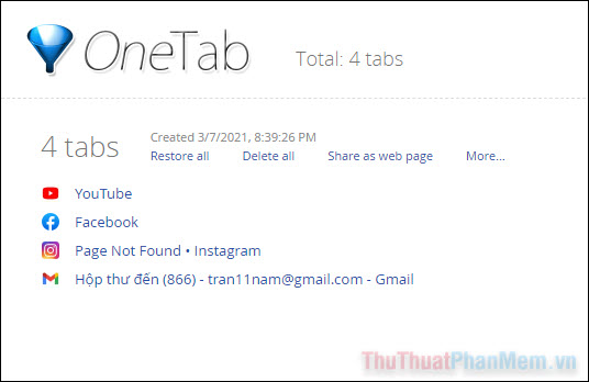 Danh sách các tab mà OneTab đã lưu sẽ xuất hiện trên màn hình