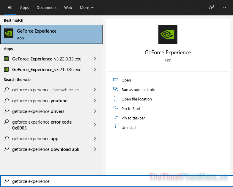 Bạn nhập Geforce Experience vào thanh tìm kiếm Windows để mở ứng dụng này