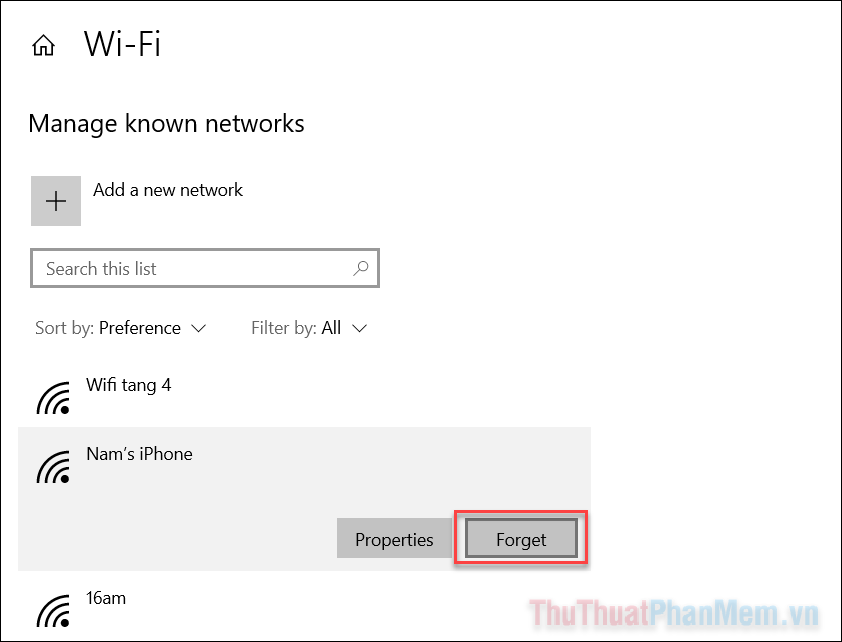 Chọn mạng Wi-Fi có trong danh sách và nhấn Forget nó