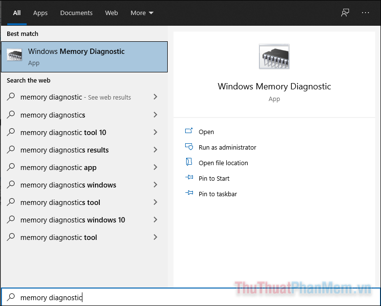 Nhập “memory diagnostic” vào ô tìm kiếm Windows