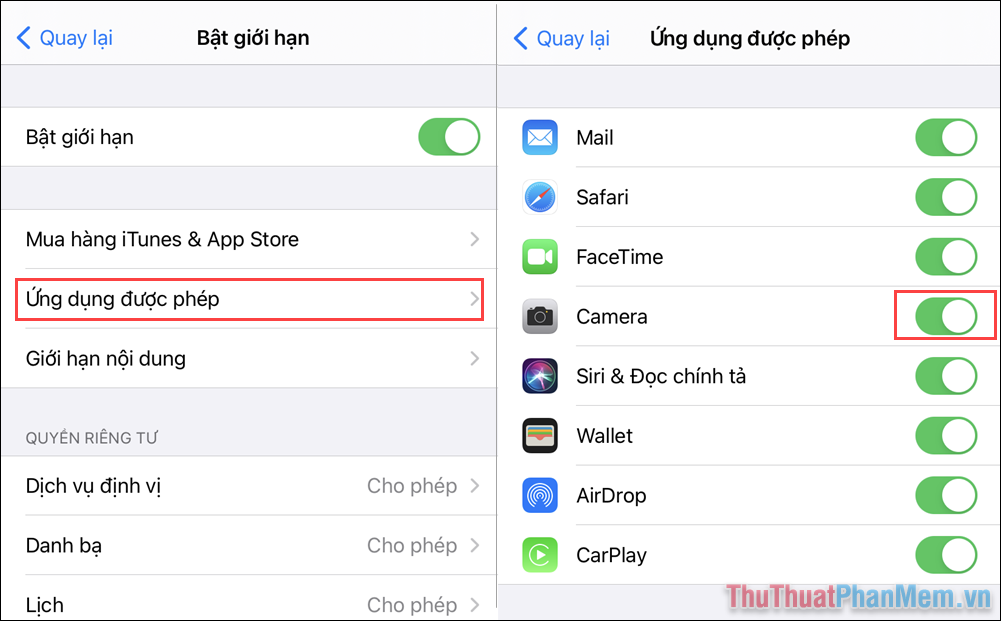 Chọn mục Ứng dụng được cho phép để kiểm tra danh sách ứng dụng trên điện thoại iPhone, iPad