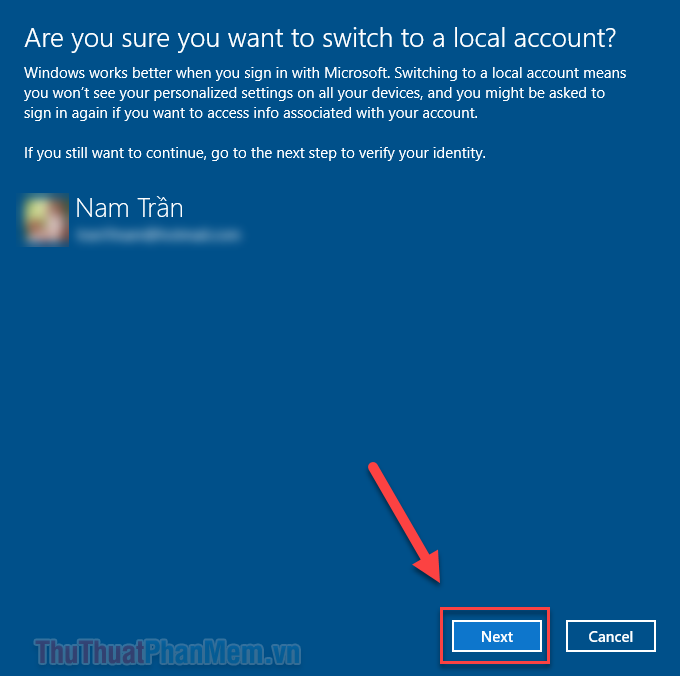 Chuyển đổi tài khoản Microsoft thành tài khoản nội bộ trên máy tính