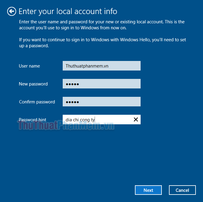 Nhập tên tài khoản, mật khẩu và gợi ý mật khẩu cho tài khoản cục bộ