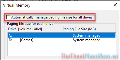[すべてのドライブのページング ファイル サイズを自動的に管理する]bỏ chọn hộp