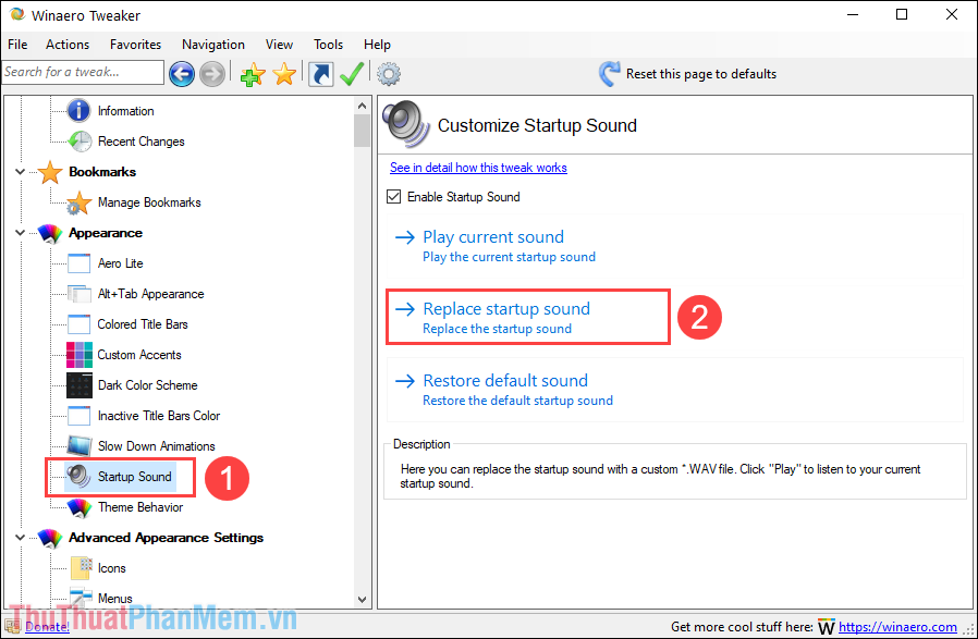 Chọn Replace Startup Sound để thay đổi âm thanh khởi động của Windows 10